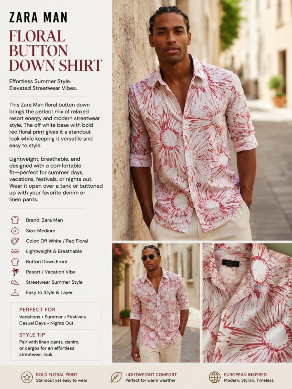 ZARA Man Off White Red Floral Button Down Shirt M Casual Streetwear Summer - Picture 2 of 11